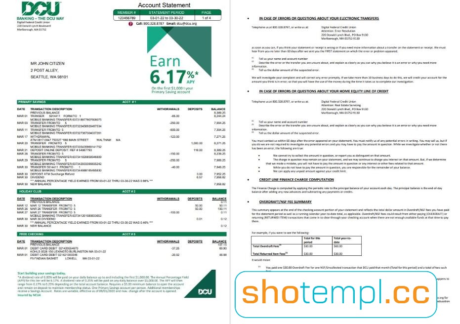 DCU Bank Statement PDF Templates